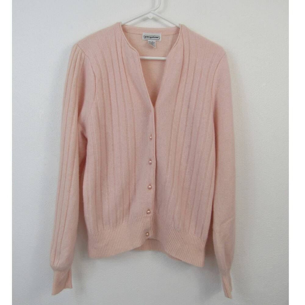 Lauren Alexandra Small Vintage Baby Pink Lambswool Angora Cardigan Faux Pearl